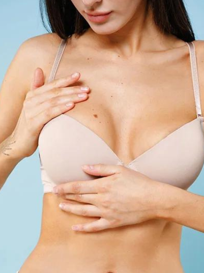 Woman in nude bra