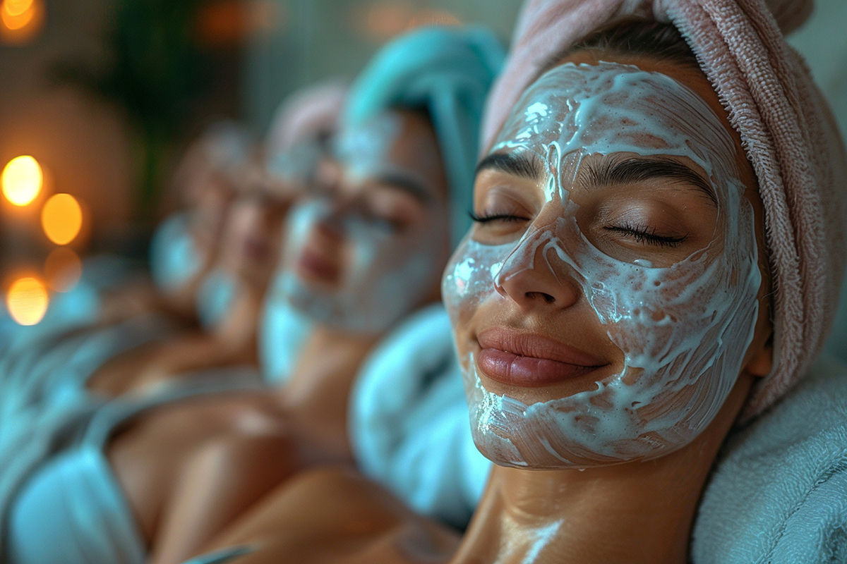 Friends having a spa day relaxing with massages and facials